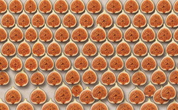 Fresh halved figs pattern background, top view, healthy food and organic fruit concept for culinary design