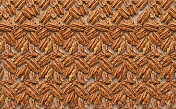Seamless pattern of shelled pecan halves arranged neatly on a neutral background, ideal for healthy eating, baking ingredients, and autumn food concepts