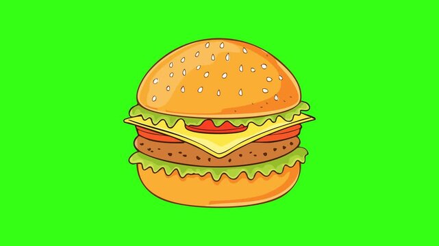 Delicious cheeseburger with sesame seed bun vector illustration isolated on green screen background
