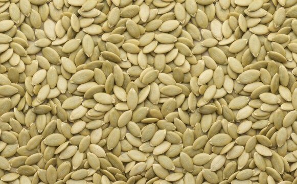 A background texture of healthy organic pumpkin seeds spread evenly as a nutritious snack concept for healthy eating and vegetarian diet themes