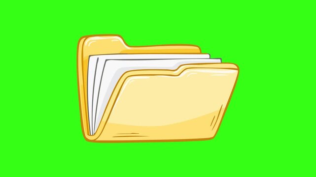 Yellow open file folder with paper documents vector illustration isolated on green screen background