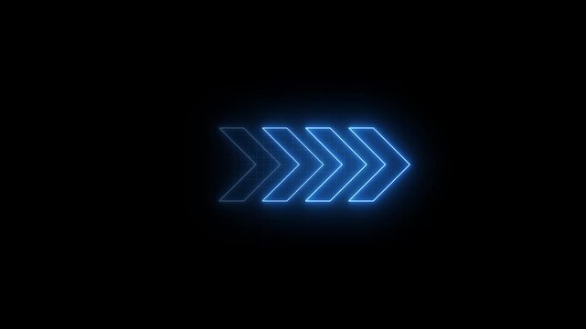 Three glowing blue neon chevron arrows pointing to the right with a subtle grid fading into the dark background representing forward movement and digital progression