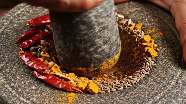 Spices being ground into powder in a stone mortar and pestle