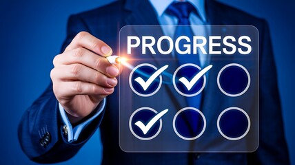 Obraz premium Progress concept with business professional checking completed tasks on digital checklist