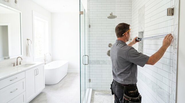 Contractor precisely measuring shower wall for modern bathroom remodeling project and vanity installation