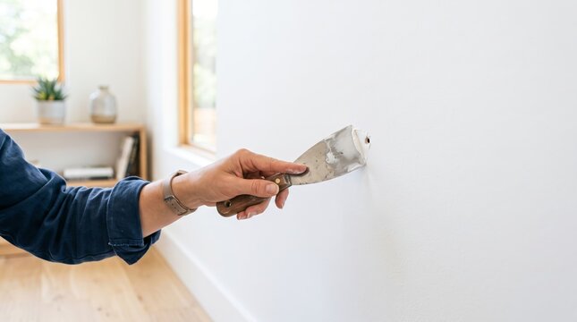 Hand using a putty knife to patch a wall for interior painting preparation