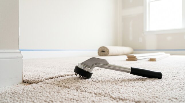 Knee kicker tool resting on plush carpet during home floor installation project
