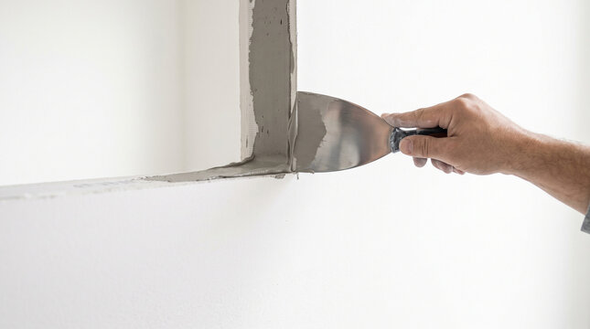Hand applying joint compound with a trowel to a drywall corner during wall finishing and construction