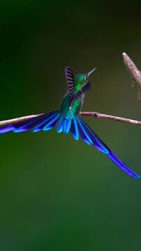 Vibrant Violet Tailed Sylph Hummingbird in Flight Against Green Background
