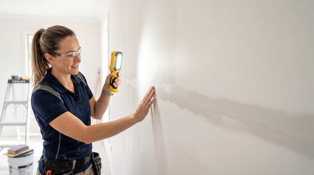 Professional female contractor inspecting drywall mudding quality on a wall with a bright flashlight