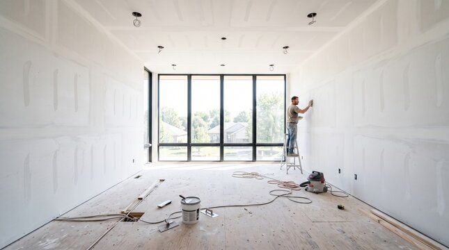 Construction Worker Sanding Drywall in Modern Home During Renovation, Preparing Interior Walls