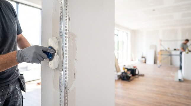 Skilled worker applying plaster with a trowel over a metal corner bead on newly installed drywall