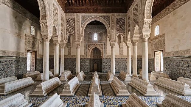 Ornate Moroccan Islamic Architecture with Marble Columns and Carved Stucco