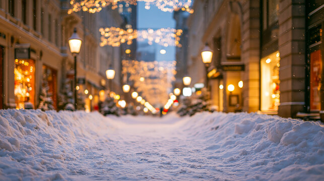 Festive Christmas and New Year decorated street scene blanketed in snow with twinkling lights at dusk