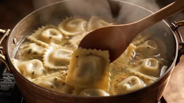 Perfectly Formed Ravioli Cooking in a Steaming Pot