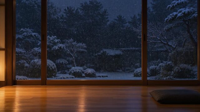 Snow Falling Outside a Traditional Japanese Engawa Veranda at Winter Dusk