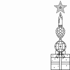 Fototapeta premium Christmas decoration tower made of a gift box, ornament, pinecone, candle, and star sits on the right side.