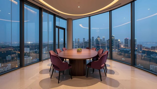 Elegant corporate interior featuring walnut conference furniture