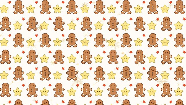 Cute Christmas seamless pattern with kawaii gingerbread men and yellow stars