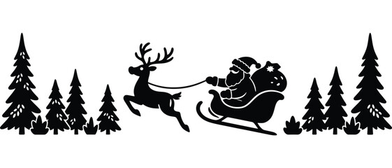 Fototapeta premium Minimalist black and white silhouette of Santa Claus in a sleigh with a single reindeer riding through a pine tree forest. Merry Christmas horizontal winter landscape vector illustration.