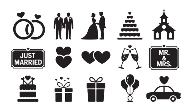 Wedding symbols set for special day, including rings cake and just married signs.
