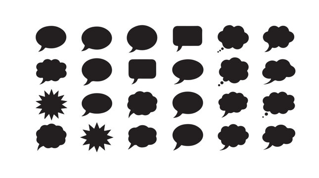 Large collection of black speech and thought bubbles with various classic shapes for web interface and comic book layout.