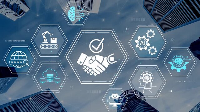 Modern Business Collaboration and Technology Integration Concept with Urban Skyscrapers in Background Featuring AI and Automation Symbols. Entropy.