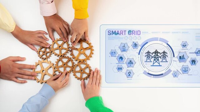 Diverse hands work together with gears while a smart grid interface displays data analytics for advancing renewable energy solutions and efficient power management. Raster
