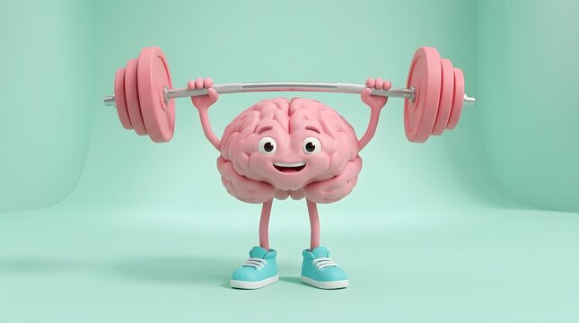 3D Cartoon Brain Lifting Pink Barbell for Mental Strength and Cognitive Health Concept