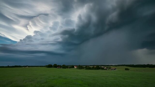 Massive Supercell Storm Over Rural Landscape 4K Generative AI