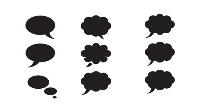 Minimalist black speech and thought bubble vector icons for modern communication, chat, and dialogue designs.