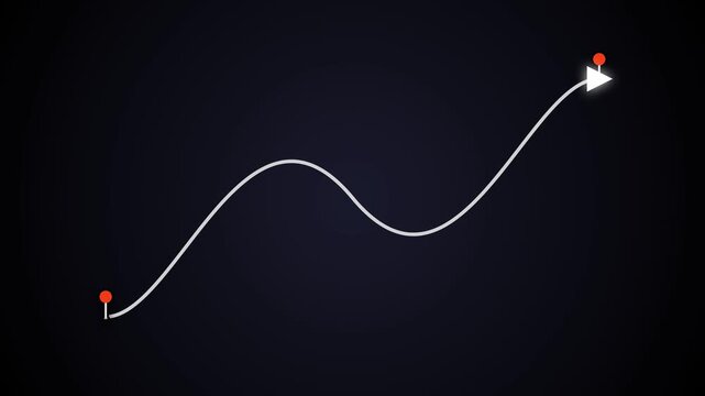 Minimal triangle arrow wavy connection path with red start and end location pins on dark background.