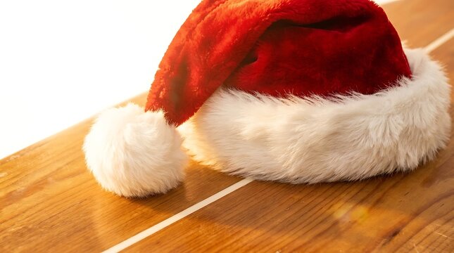 Red plush holiday hat with white fur trim resting on a smooth polished wooden surface with featuring fluffy white toned wooden tabletop tabletop under bright