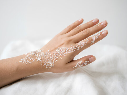 Elegant white henna floral pattern on female hand for bridal beauty