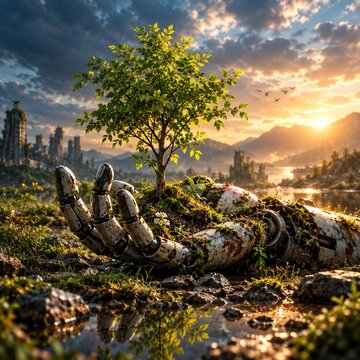 A lush green tree growing out of the metallic hand of a fallen, rusted robot in a post-apocalyptic landscape at sunset.