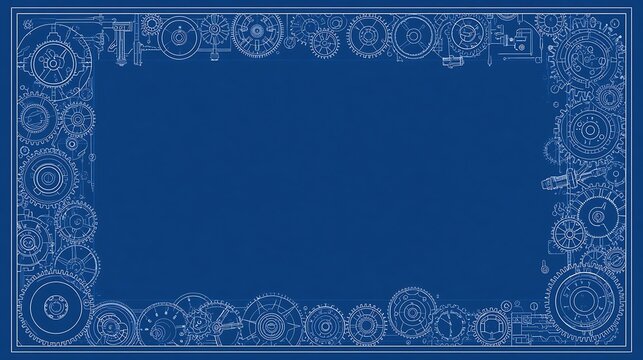 Blue Engineering Blueprint Frame with Vintage Steampunk Gears and Cogs