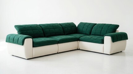 Obraz premium A large modern sectional sofa with dark green quilted fabric cushions and a white base, isolated against a plain white studio background