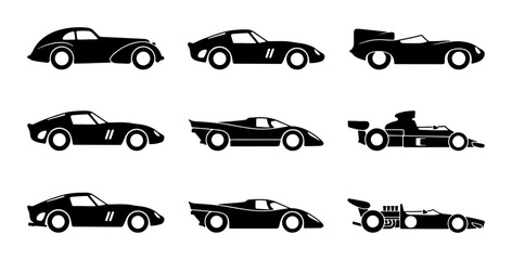 Fototapeta premium Classic and Modern Sports Cars, Vector Icons Set: Vintage Race Cars, Luxury Autos, Speed Machines