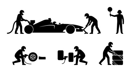 Fototapeta premium Formula 1 Pit Stop Crew Icons, Racing Car Service Silhouettes, Motorsport Mechanics Actions