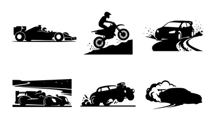 Fototapeta premium Dynamic Car and Motorcycle Silhouettes, Racing & Off-Road Action Vector Set