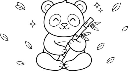 Cute cartoon panda bear sitting and holding a bamboo stalk surrounded by falling leaves in a simple line art style © MOMADA