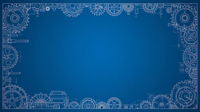 Steampunk Mechanical Gears Blueprint Frame on Blue Background