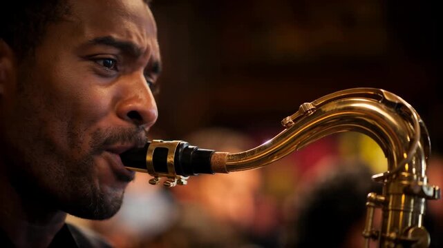 Man Playing Saxophone in Dimly Lit Jazz Club with Focused Expression Cinematic Close up Shot