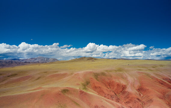 Aerial photo from drone of Altai mountain landscape in Altai mountains. Red clay canyon near Kororya village.
