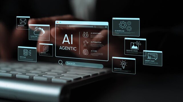 Futuristic digital interface with artificial intelligence icons and hands typing on a keyboard, showcasing advanced technology and innovation in business solutions. Entropy.