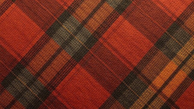 Warm Autumn Plaid Fabric Texture Background - Rustic Red & Orange Diagonal Pattern