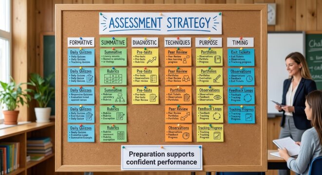 Assessment Strategy Display on Corkboard for Education and Learning