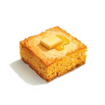 Watercolor Homemade Cornbread with Melting Butter Isolated on White
