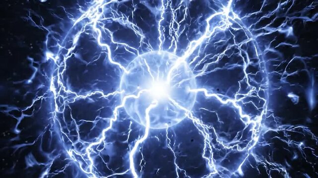 Blue plasma energy sphere glowing in dark space.