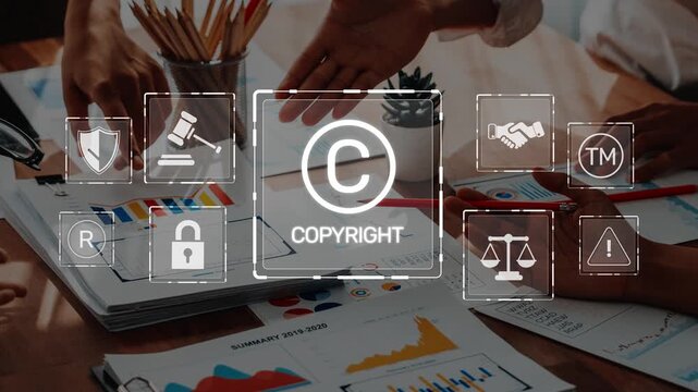 Engaging business meeting scene highlighting copyright symbols amid diverse team collaboration. Professionals analyze data, strategize, and exchange ideas in a vibrant workspace. Raster